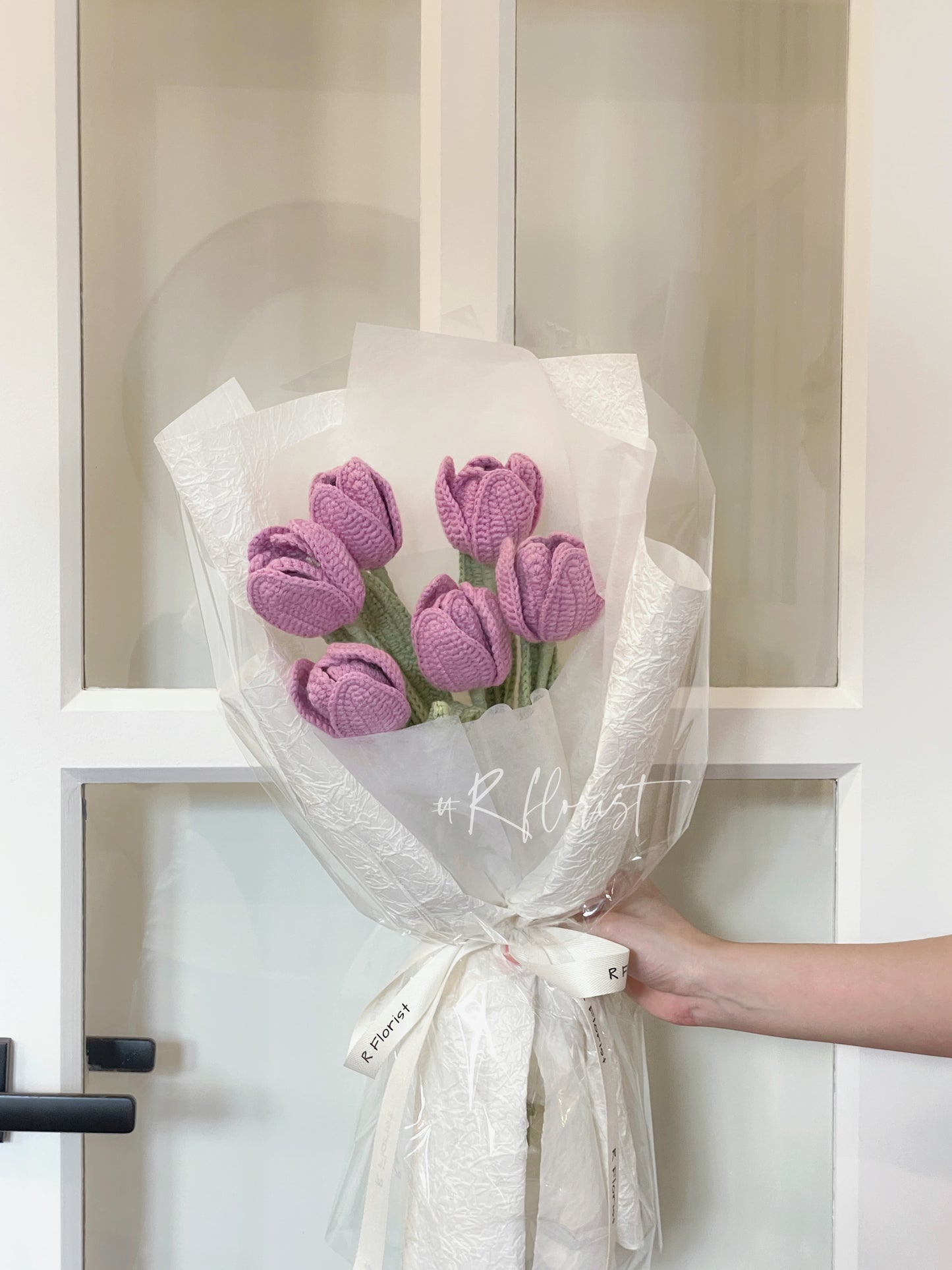 6 Purple Tulips Crochet Flower Bouquet| white wrapping