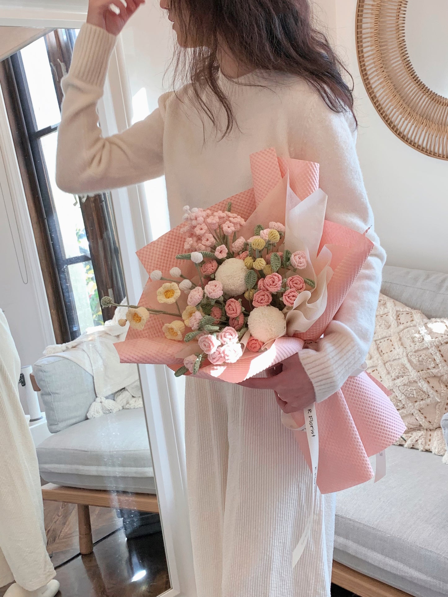 Crochet Flower Bouquet,Pink blossom Preserved Flower, Gift Idea for Valentine's Day, Mother's Day, Birthday gift