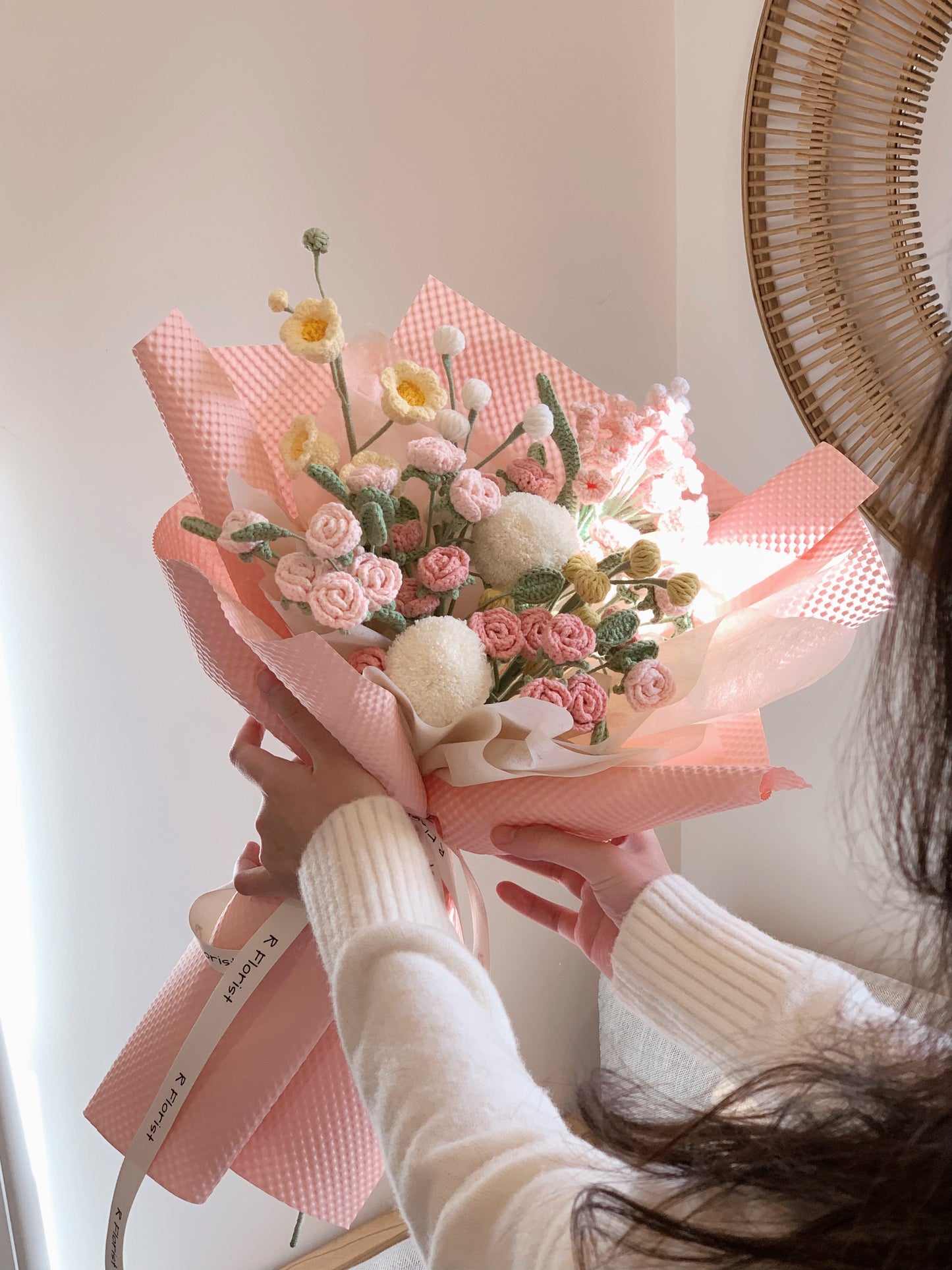Crochet Flower Bouquet,Pink blossom Preserved Flower, Gift Idea for Valentine's Day, Mother's Day, Birthday gift
