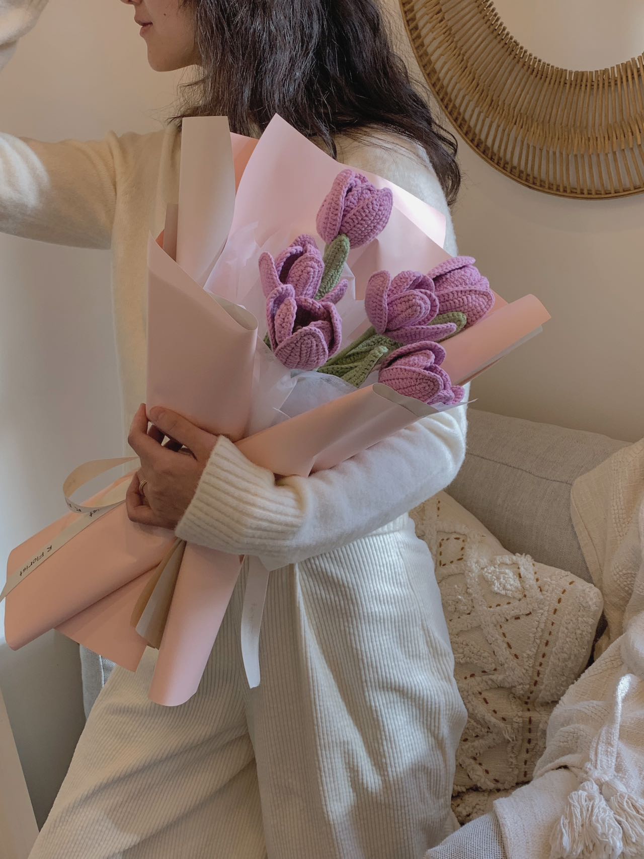 6 Purple Tulips Crochet Flower Bouquet| Pink Wrapping