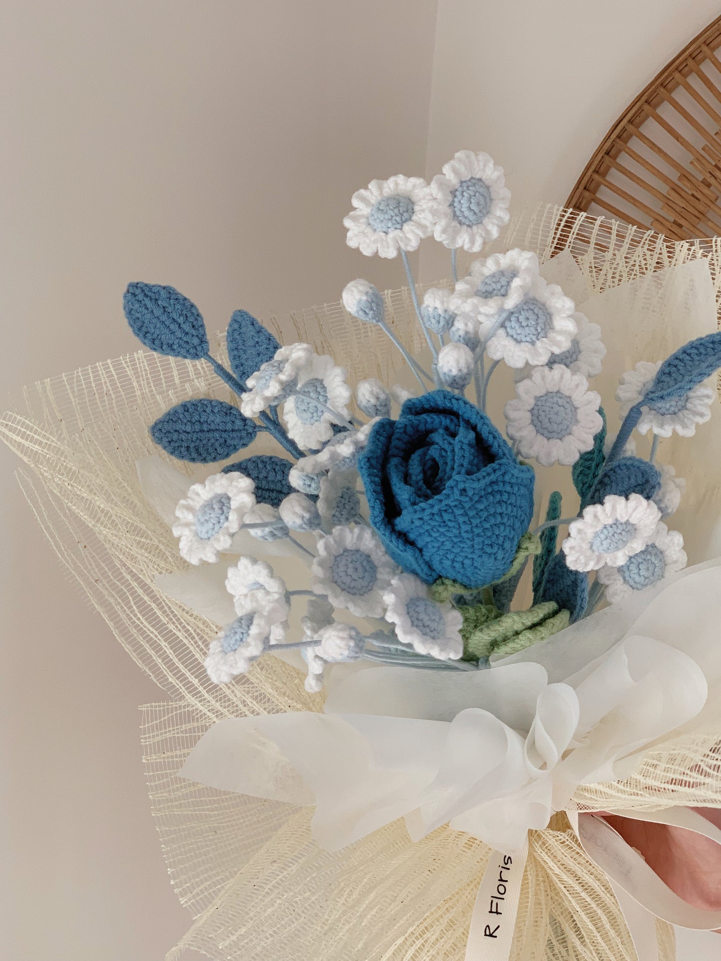 A Blue Rose with Daisies Crochet Bouquet| Lace wrapped preserved flower