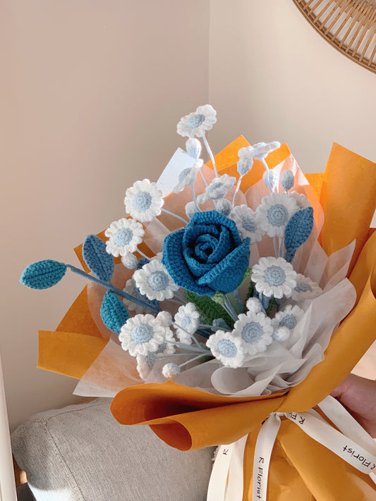 A Blue Rose with Daisies Crochet Bouquet| preserved flower