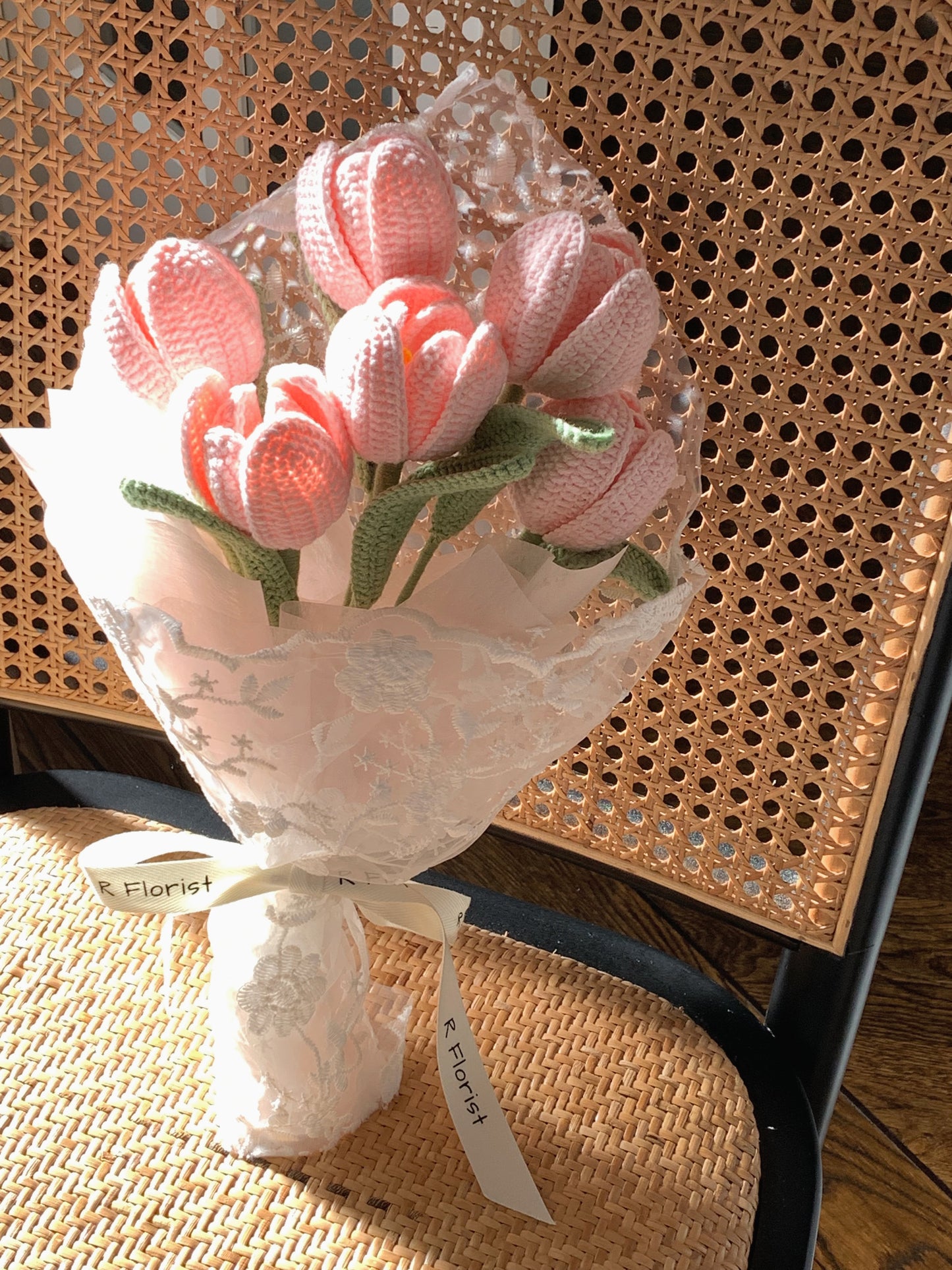 Pink Tulips Crochet Flower Bouquet| Lace Wrapped| Preserved Flower