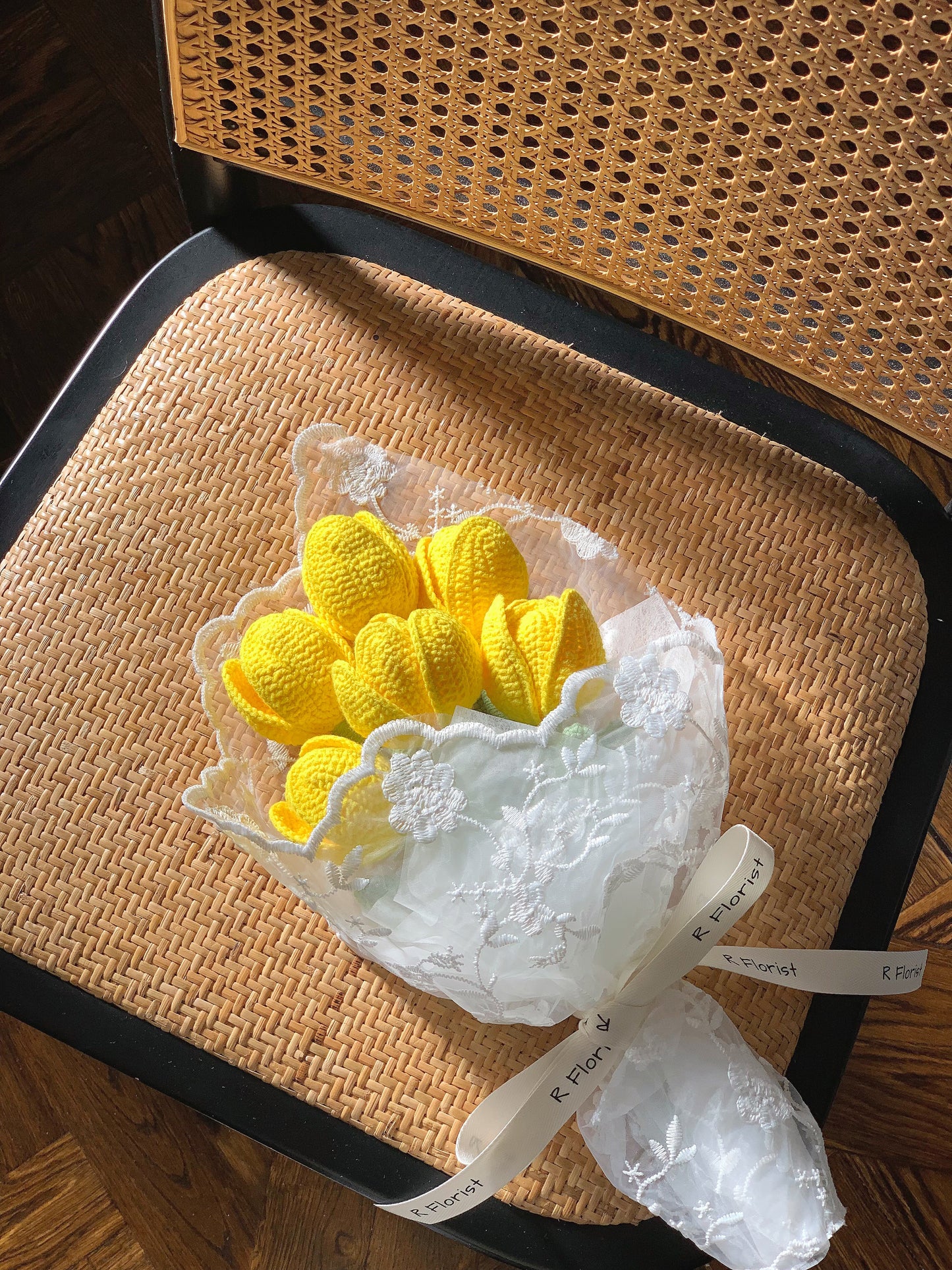 Bright Yellow Tulips Crochet Flower Bouquet| Lace Wrapped| Preserved Flower