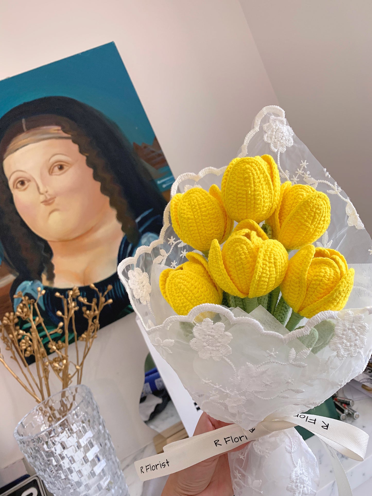 Baby Yellow Tulips Crochet Bouquet| Lace Wrapped| Preserved Flower