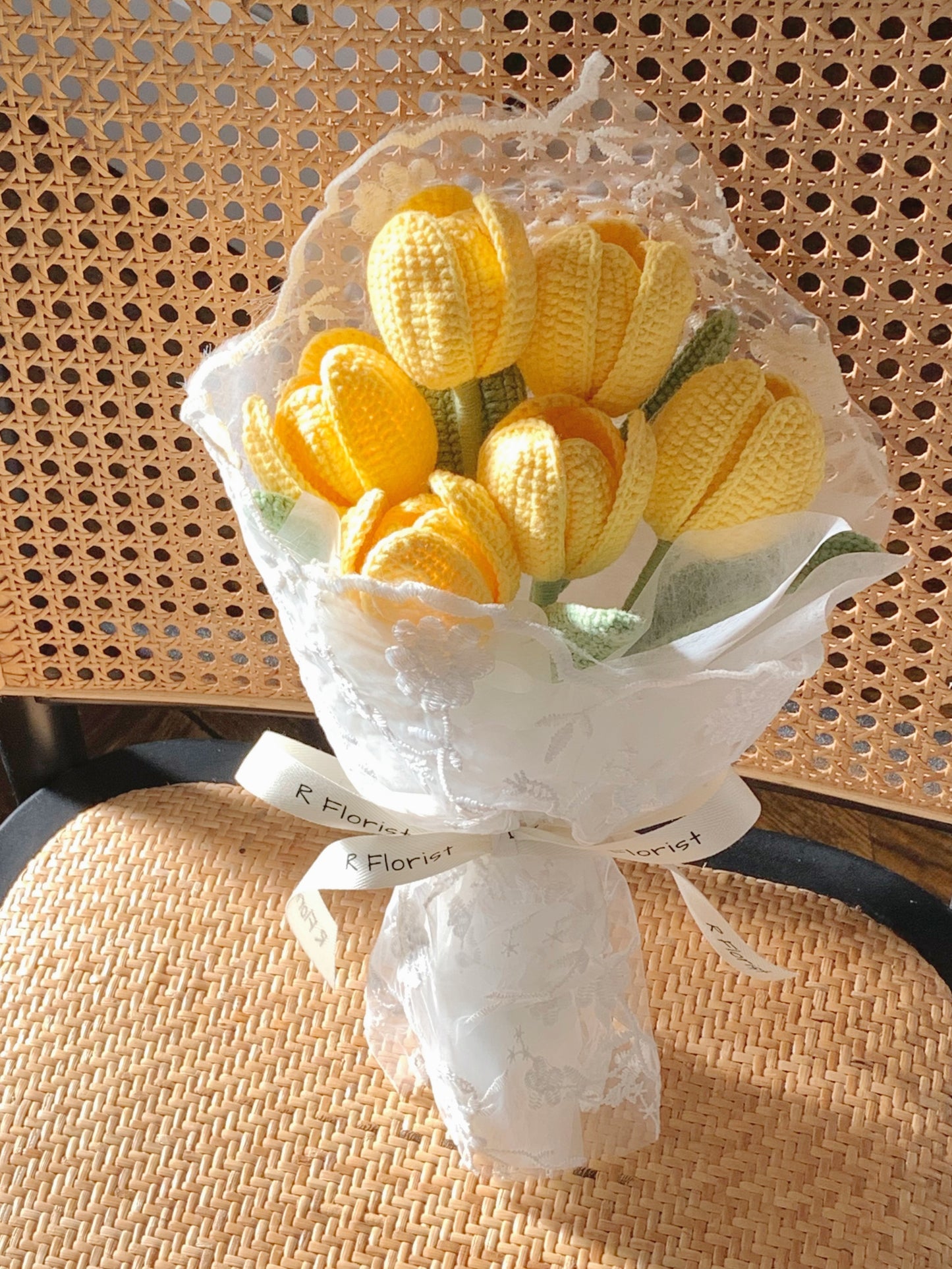 Bright Yellow Tulips Crochet Flower Bouquet| Lace Wrapped| Preserved Flower