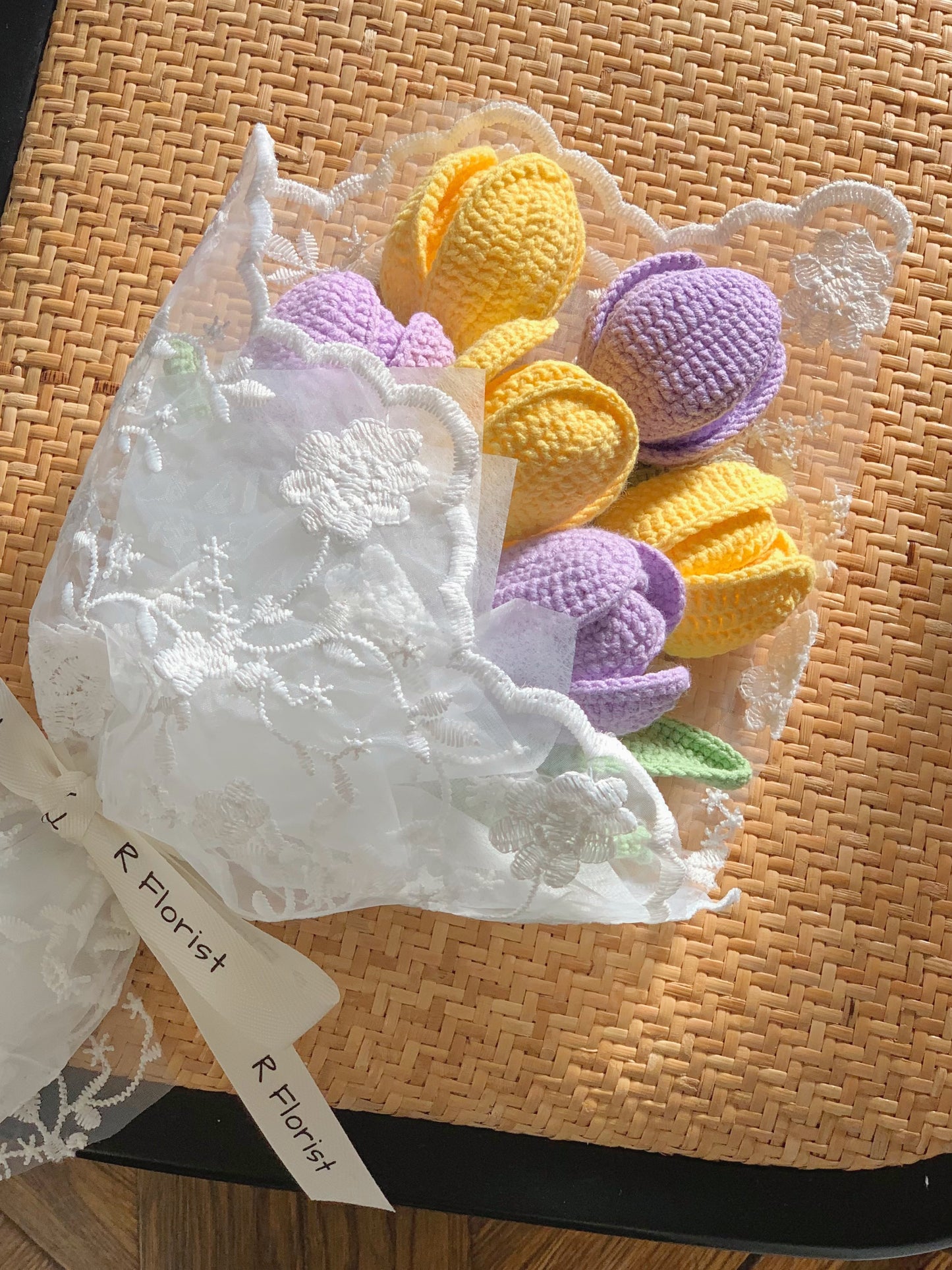 Yellow & Purple Tulips Crochet Flower Bouquet| Lace Wrapped