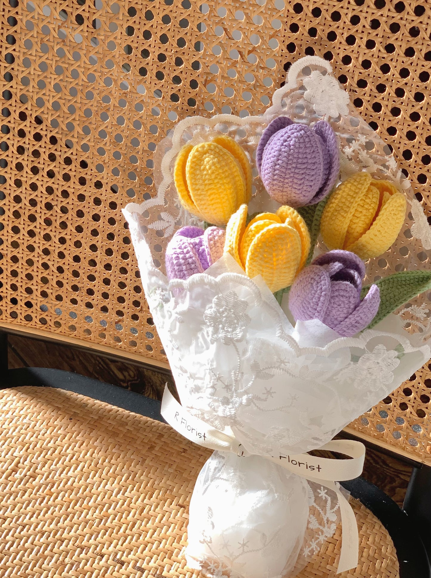 Yellow & Purple Tulips Crochet Flower Bouquet| Lace Wrapped