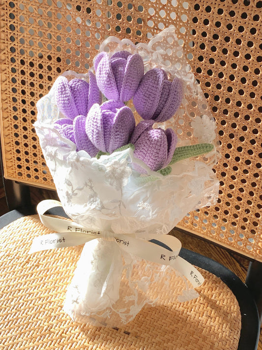 Purple Tulips Crochet Flower Bouquet| Lace Wrapped|Preserved Flower